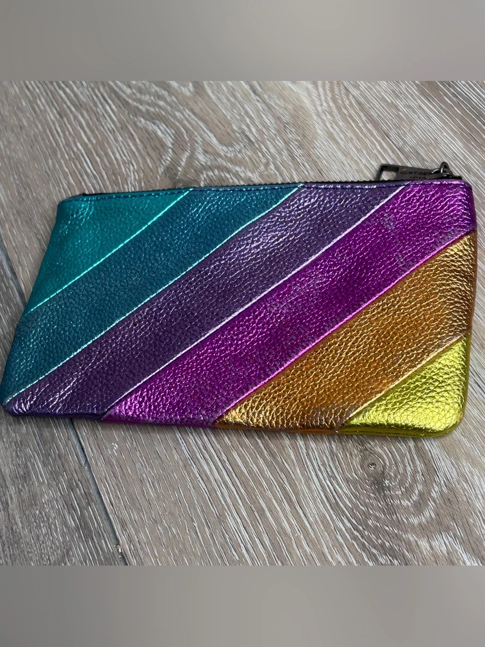Kurt Geiger Metallic Rainbow Leather Pouch & Wallet Set - Teal, Purple, Gold